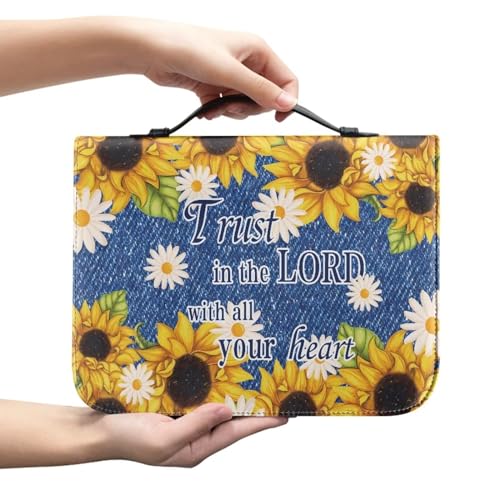 Belidome Bibelhülle mit Sonnenblumen-Gänseblümchen für Damen, mit Griff, Stift-Aufbewahrungstaschen, PU-Leder, Bibeltasche, Organizer, Tragetasche, Kirchentasche, Vertrauen Sie auf den Herrn mit von Belidome