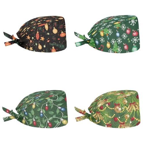 Belidome Bouffant Scrub Caps Damen Lange Haare Kopf Abdeckung 4 Pack Back Tie Scrub Hüte, Weihnachtslicht., Einheitsgröße von Belidome