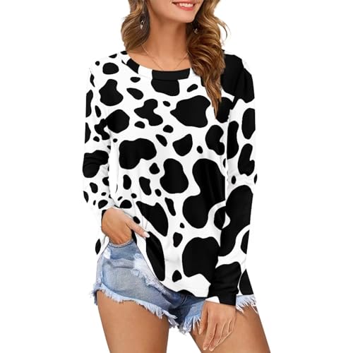 Belidome Damen Casual Rundhals Tunika Tops Lose T Shirts, Schwarz-weiße Kuh, L Belidome Damen Casual Rundhals Tunika Tops Lose T Shirts, Schwarz-weiße Kuh, L von Belidome