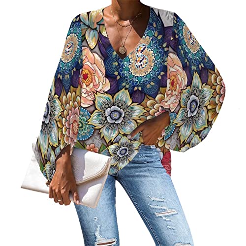 Belidome Damen Chiffon-Bluse Langarm V-Ausschnitt Freizeithemd Größe S - 4XL, Boho Flower, X-Large Belidome Damen Chiffon-Bluse Langarm V-Ausschnitt Freizeithemd Größe S - 4XL, Boho Flower, X-Large von Belidome