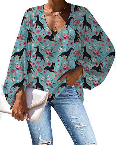 Belidome Damen Chiffon-Bluse Langarm V-Ausschnitt Freizeithemd Größe S - 4XL, Dobermann-Blume, XXX-Large von Belidome