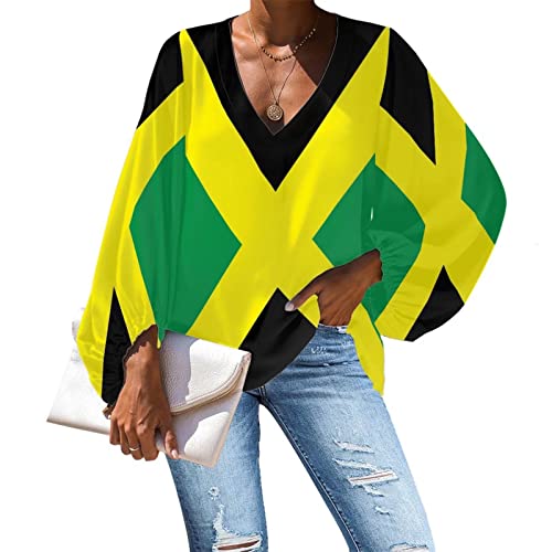 Belidome Damen Chiffon-Bluse Langarm V-Ausschnitt Freizeithemd Größe S - 4XL, Jamaika-Flagge, XXX-Large von Belidome