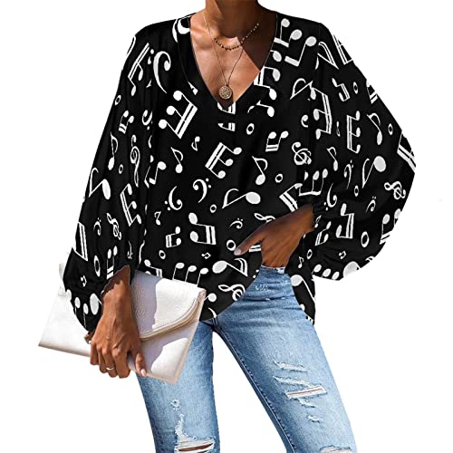 Belidome Damen Chiffon-Bluse Langarm V-Ausschnitt Freizeithemd Größe S - 4XL, Musiknote, M von Belidome