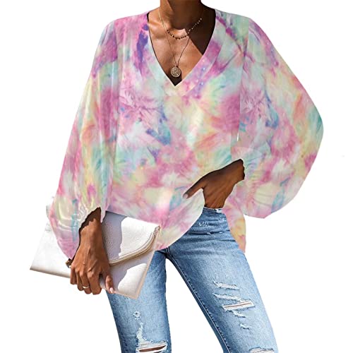 Belidome Damen Chiffon-Bluse Langarm V-Ausschnitt Freizeithemd Größe S - 4XL, Rosa Krawattenfarbe, X-Large von Belidome
