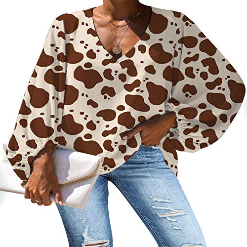 Belidome Damen Chiffon-Bluse mit langen Ärmeln, V-Ausschnitt, Freizeithemd, Größe S - 4XL Gr. X-Large, Kuhmuster von Belidome