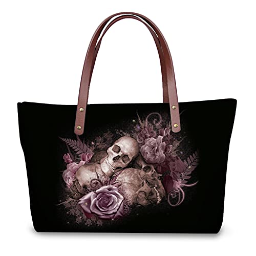 Belidome Damen-Handtasche mit Tragegriff und robustem Reißverschluss, große Tasche für Einkaufen und Reisen, Totenkopf-Rosen, Einheitsgröße von Belidome