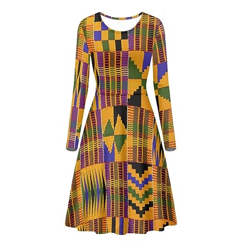 Belidome Damen Kleider Casual Midi Langarm A-Linie für Frühling Herbst Freizeitkleid, Afrikanischer Kent Tribal, XXX-Large von Belidome