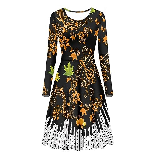 Belidome Damen Kleider Casual Midi Langarm A-Linie für Frühling Herbst Freizeitkleid, Fall Maple Musik Klavier, XX-Large von Belidome
