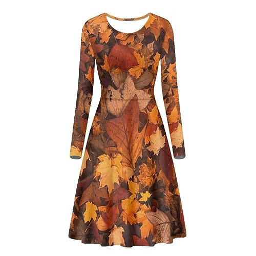 Belidome Damen Kleider Casual Midi Langarm A-Linie für Frühling Herbst Freizeitkleid, Herbst-Ahornblätter, XXX-Large von Belidome