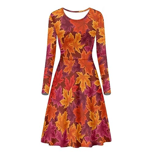 Belidome Damen Kleider Casual Midi Langarm A-Linie für Frühling Herbst Freizeitkleid, Herbst Herbst Ahornblätter, Small von Belidome