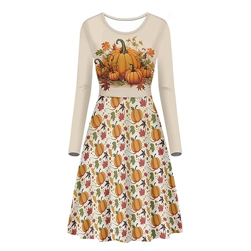 Belidome Damen Kleider Casual Midi Langarm A-Linie für Frühling Herbst Freizeitkleid, Thanksgiving Kürbis Herbst Ahorn, Medium von Belidome