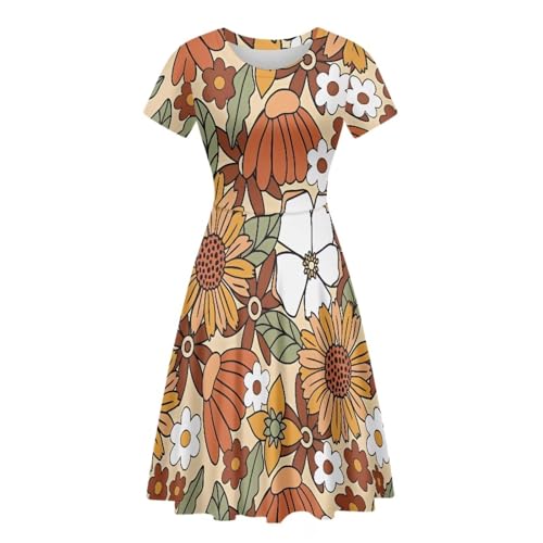 Belidome Damen Kleider Midi Kleider Kurzarm Puffy Kleid Rundhals, Hippie-Blumenmuster, L von Belidome