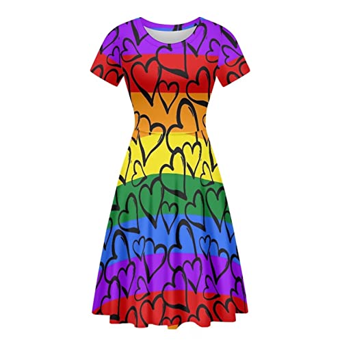 Belidome Damen Kleider Sommerkleider Midilänge Swing Sommer Casual Strandkleid Weich, Regenbogenherz, L von Belidome