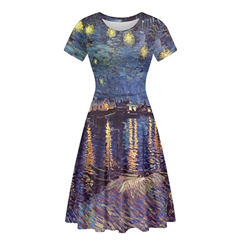 Belidome Damen Kleider Sommerkleider Midilänge Swing Sommer Casual Strandkleid Weich, Vincent Van Gogh Sternennacht über dem Rhone-2, X-Large von Belidome