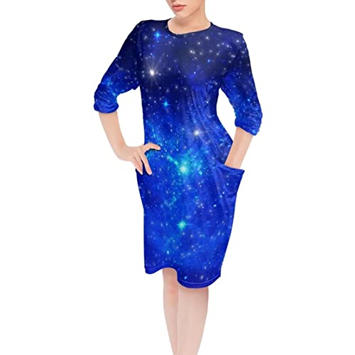 Belidome Damen Nachthemd Kleid mit Taschen Langarm Nachtwäsche Pyjama Loose Fit, Blue Galaxy, 38 von Belidome