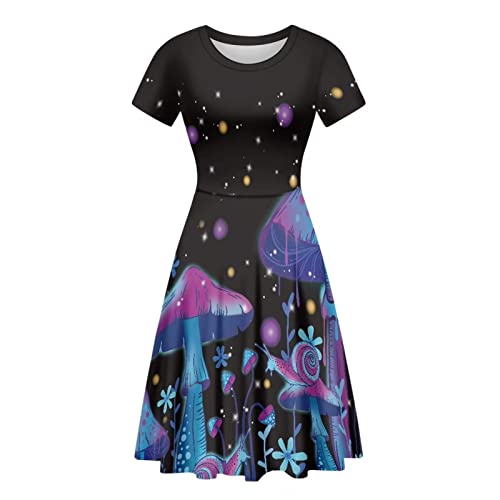 Belidome Damen Sommer Swing Midi Kleid mit Ärmeln Causal Lose Größe S-4XL, Mushroom Night, XXXXL von Belidome