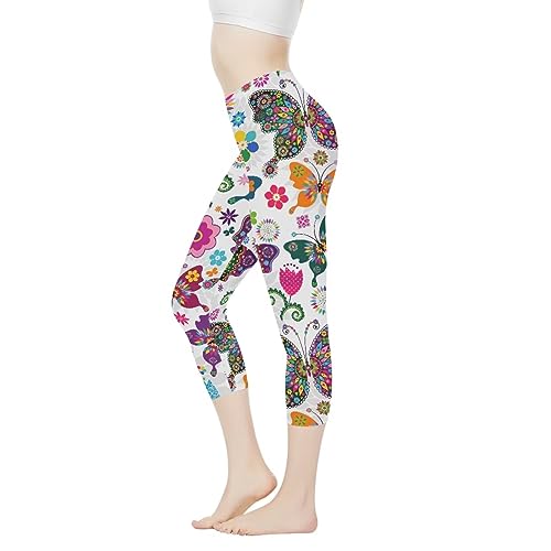 Belidome Damen-Yoga-Leggings, Caprihose, hohe Taille, Bauchkontrolle, Stretch-Hose, Bunte Schmetterling Blume, XXX-Large von Belidome