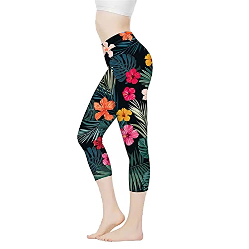 Belidome Damen Yoga-Leggings Caprihose Hohe Taille Bauch Kontrolle Stretch Hose, Hibiskus, S von Belidome