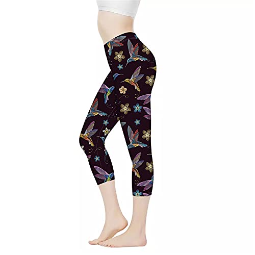 Belidome Damen Yoga-Leggings Caprihose Hohe Taille Bauch Kontrolle Stretch Hose, Kolibri Floral, M von Belidome