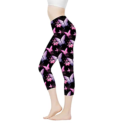 Belidome Damen Yoga-Leggings Caprihose Hohe Taille Bauch Kontrolle Stretch Hose, Lila Schmetterling 2, XXX-Large von Belidome
