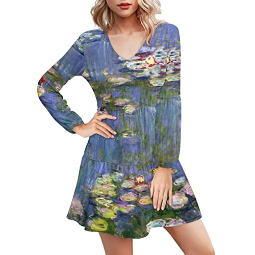 Belidome Damenkleid, langärmelig, V-Ausschnitt, Übergröße: S-4XL, für Party, Freizeit, Reisen, Claude Monet Nympheas Seerosen, Small von Belidome