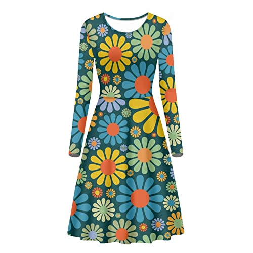 Belidome Damenkleider Casual Midi Langarm A Linie für Frühling Herbst Freizeitkleid, Abstrakte Hippie-Blume, Medium von Belidome