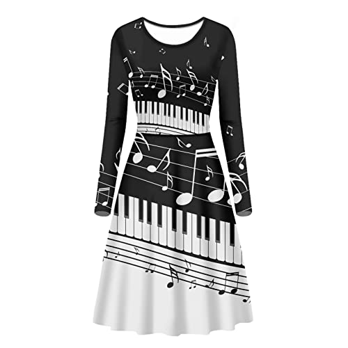 Belidome Damenkleider Casual Midi Langarm A Linie für Frühling Herbst Freizeitkleid, Musiknote, L von Belidome