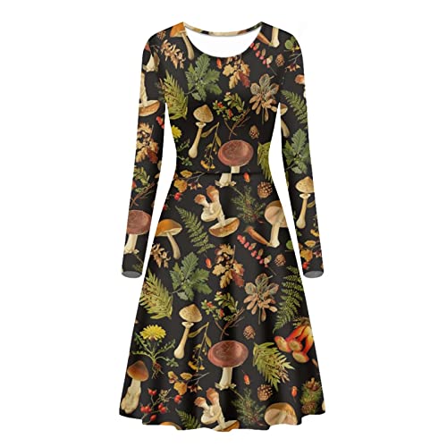 Belidome Damenkleider Casual Midi Langarm A Linie für Frühling Herbst Freizeitkleid, Pilz-Wald, XXXXL von Belidome