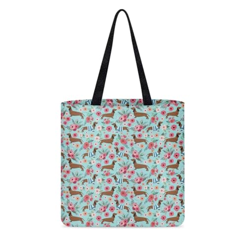 Belidome Einkaufstaschen-Segeltuch-Handtaschen-Einkaufstaschen-wiederverwendbarer doppelseitiger Druckbeutel, Dackel-Hund, Blumenmuster, Einheitsgröße von Belidome