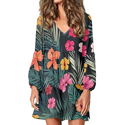 Belidome Hibiskus Hawaii Langarm Frauen Puffy Kleid Sommer Bademode Strand Cover Up Tunika Kleider mit V Ausschnitt Plus Size Loose Fit Casual Reise Swing Sommerkleid von Belidome