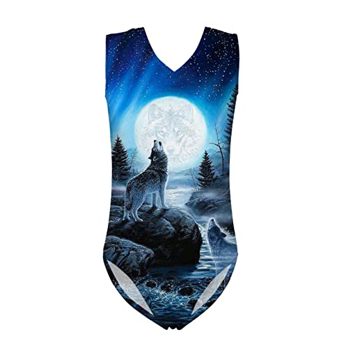 Belidome Kinder Mädchen Badeanzug Bodysuit Tanzen Gymnastik Turnanzug Einteiler Athletic Kleidung 3D Gedruckt, Moon Night Wolf, 11-12 Jahre von Belidome