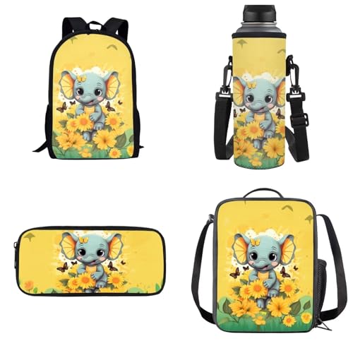 Belidome Kinder-Reiserucksack-Set, 4-in-1, Schultaschen, Rucksäcke, Cartoon Elefant, Einheitsgröße, Kinderrucksack von Belidome