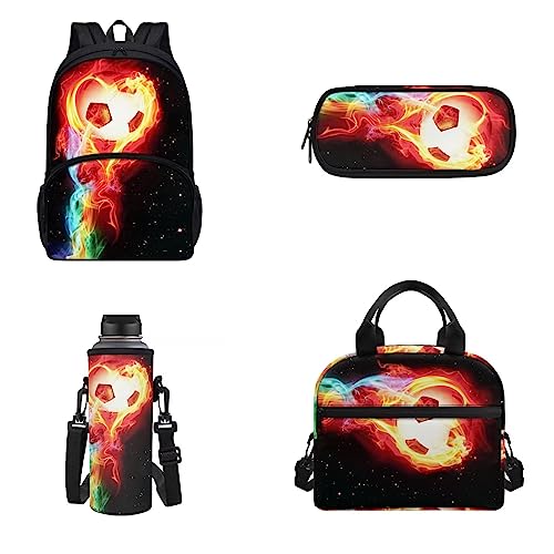 Belidome Kinder-Reiserucksack-Set für die Schule, isolierte Lunchbox, Wasserflaschenhalter, Federmäppchen, 4 Stück, Soccer Fire, Einheitsgröße, Kinderrucksack von Belidome