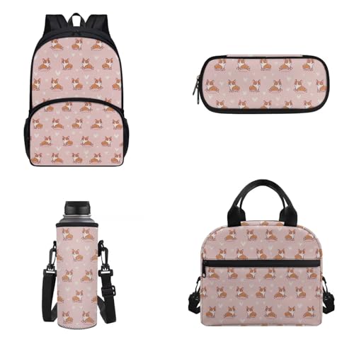 Belidome Kinder-Rucksack für Jungen und Mädchen, Vorschul-Büchertaschen mit Lunchtasche, Federmäppchen, Wasserflaschenhalter, 4 Stück, Corgi, Onesized, Kinderrucksack von Belidome