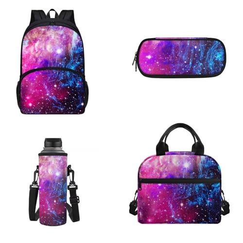 Belidome Kinder-Rucksack für Jungen und Mädchen, Vorschul-Büchertaschen mit Lunchtasche, Federmäppchen, Wasserflaschenhalter, 4 Stück, Galaxy, Onesized, Kinderrucksack von Belidome