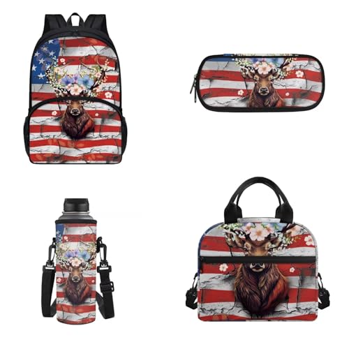 Belidome Kinder-Rucksack für Jungen und Mädchen, Vorschul-Büchertaschen mit Lunchtasche, Federmäppchen, Wasserflaschenhalter, 4 Stück, USA-Flagge, Onesized, Kinderrucksack von Belidome