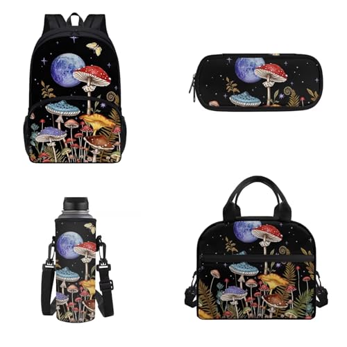 Belidome Kinder-Rucksack für Jungen und Mädchen, Vorschul-Büchertaschen mit Lunchtasche, Federmäppchen, Wasserflaschenhalter, 4 Stück, mushroom, Onesized, Kinderrucksack von Belidome