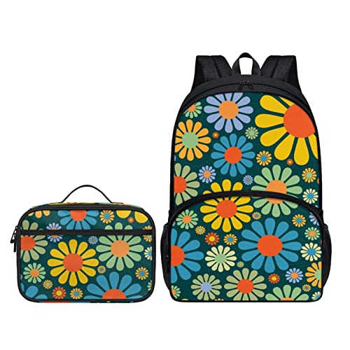 Belidome Kinder-Schulranzen-Set, 2-teilig, Thermo-Lunchtasche mit Taschen, Abstrakte Hippie-Blume, Einheitsgröße, Kinderrucksack von Belidome