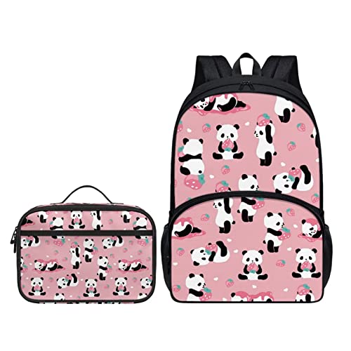 Belidome Kinder-Schulranzen-Set, 2-teilig, Thermo-Lunchtasche mit Taschen, Erdbeer-Panda, Einheitsgröße, Kinderrucksack von Belidome