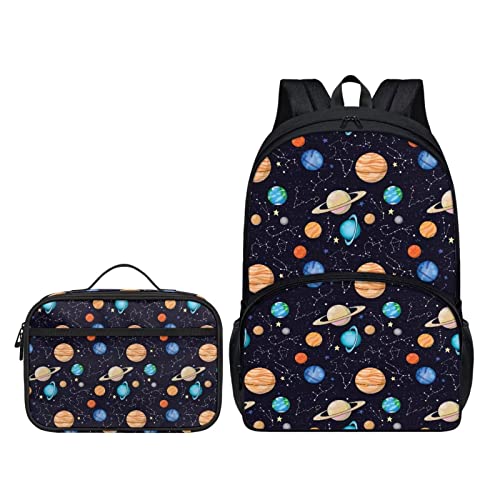 Belidome Kinder-Schulranzen-Set, 2-teilig, Thermo-Lunchtasche mit Taschen, Universum Planet, Einheitsgröße, Kinderrucksack von Belidome