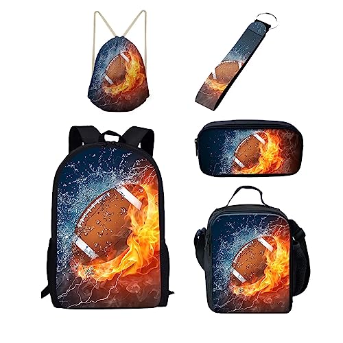 Belidome Kinder Schulrucksack Isolierte Lunchtasche Federmäppchen Schlüsselanhänger Kordelzug Rucksack, 5 in 1, Feuer- und Wasserfußball, Einheitsgröße, Kinderrucksack von Belidome