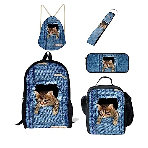 Belidome Kinder Schulrucksack Isolierte Lunchtasche Federmäppchen Schlüsselanhänger Kordelzug Rucksack, 5 in 1, Pocket Cat, Einheitsgröße, Kinderrucksack von Belidome