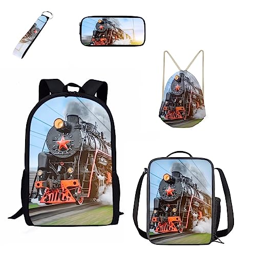 Belidome Kinder Schulrucksack Isolierte Lunchtasche Federmäppchen Schlüsselanhänger Kordelzug Rucksack, 5 in 1, Zug, Einheitsgröße, Kinderrucksack von Belidome