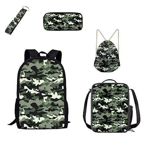 Belidome Kinder Schulrucksack Isolierte Lunchtasche Federmäppchen Schlüsselanhänger Kordelzug Rucksack, 5 in 1, camouflage, Einheitsgröße, Kinderrucksack von Belidome