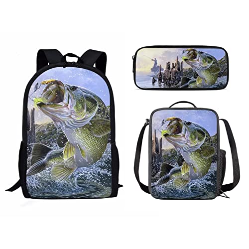 Belidome Kinder Schulrucksack Lunchtasche Federmäppchen für Jungen Mädchen Langlebig Groß, Tier Barsch Fisch, Einheitsgröße, Schulranzen-Set von Belidome