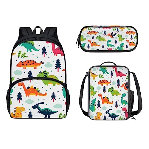Belidome Kinder-Schulrucksack mit Lunch-Tasche, Federmäppchen für Kinder, Jungen, Mädchen, Zubehör, Cartoon Dinosaurier, Einheitsgröße, Kinderrucksack von Belidome