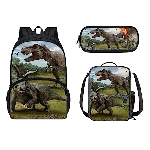 Belidome Kinder-Schulrucksack mit Lunch-Tasche, Federmäppchen für Kinder, Jungen, Mädchen, Zubehör, Dinosaurier-Vulkane, Einheitsgröße, Kinderrucksack von Belidome