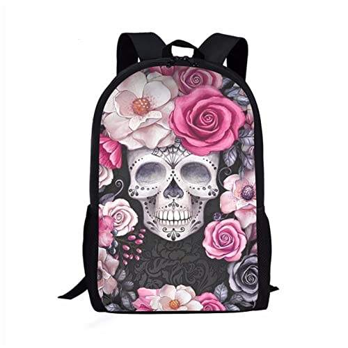 Belidome Kinder-Schulrucksack mit seitlichen Netztaschen, große Büchertasche, Tagesrucksack, Schulterrucksack, Totenkopf Rose, Einheitsgröße von Belidome