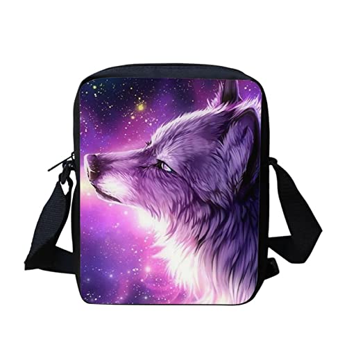 Belidome Kleine Umhängetasche für Damen und Kinder, mit Tiermotiv, Umhängetasche, Galaxie Wolf Violett, Einheitsgröße von Belidome