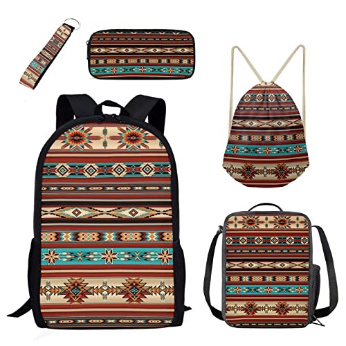 Belidome Kleinkind Schulrucksack-Sets für Jungen Mädchen mit Lunchtasche Federmäppchen Kordelzug Tasche Schlüsselanhänger Handgelenk 5 Stück, Aztec Southwest, Einheitsgröße, Kinderrucksack von Belidome